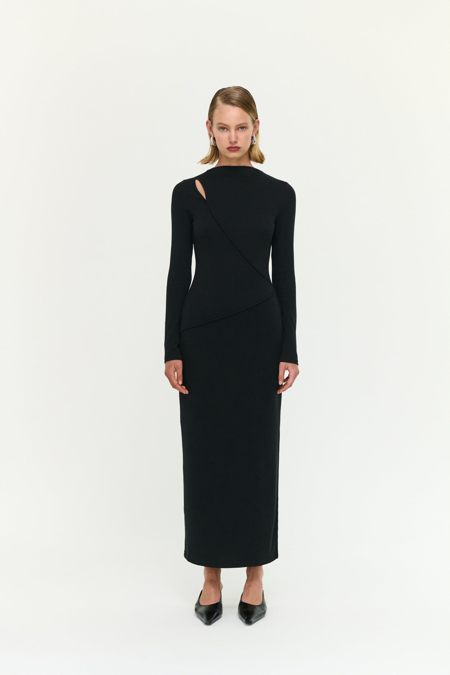 DRESS ALEXI ASYMMETRIC SEAM DETAIL MIDI - BLACK