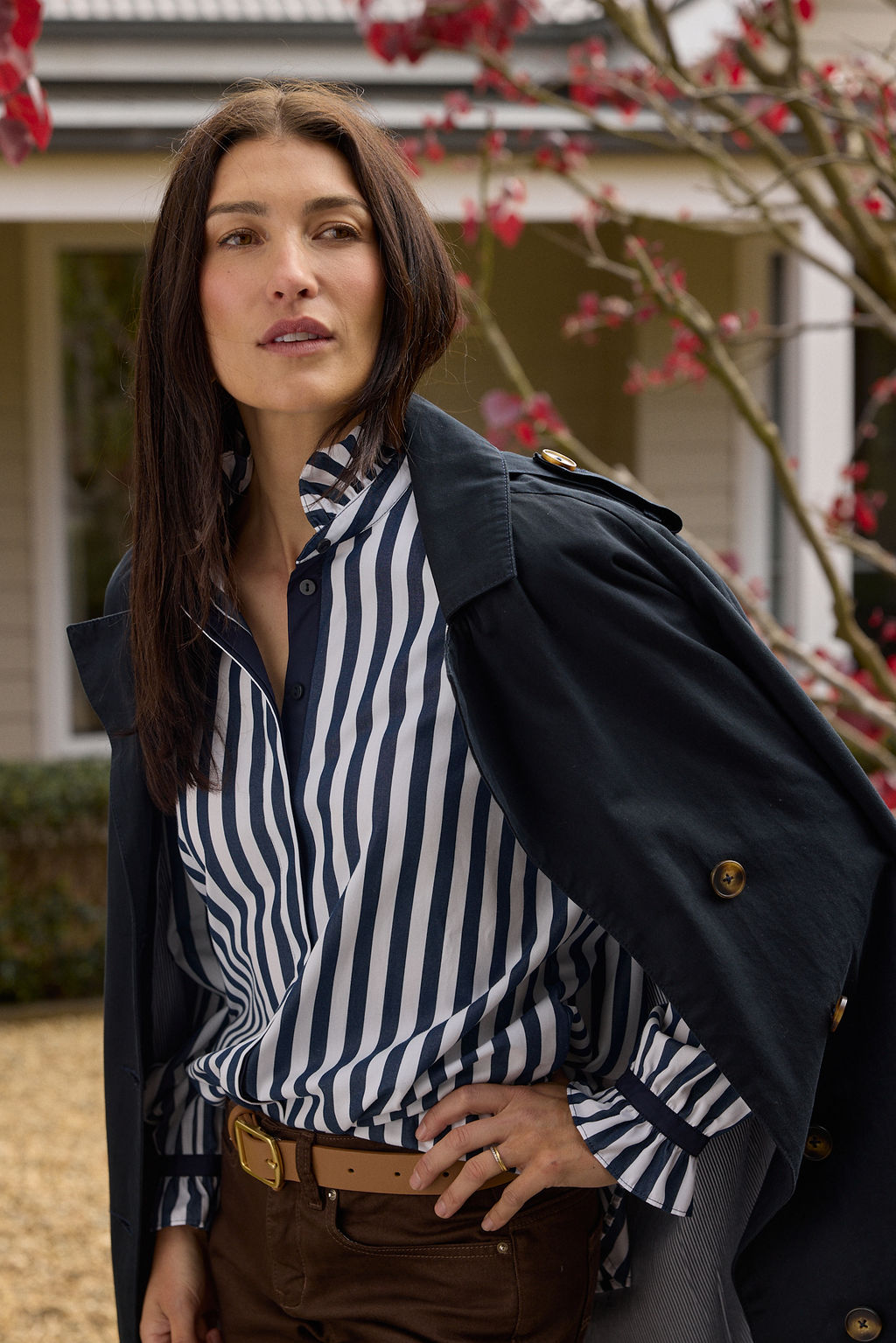 SHIRT SKY FRILL NECK COTTON - DARK NAVY/WHITE