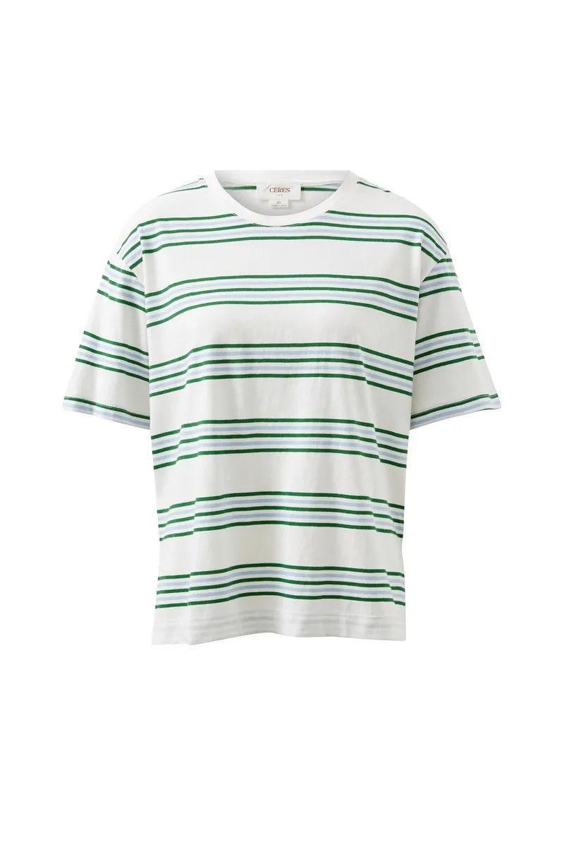 TEE STEVIE SLOUCHY - VANILLA/GREEN RETRO STRIPE