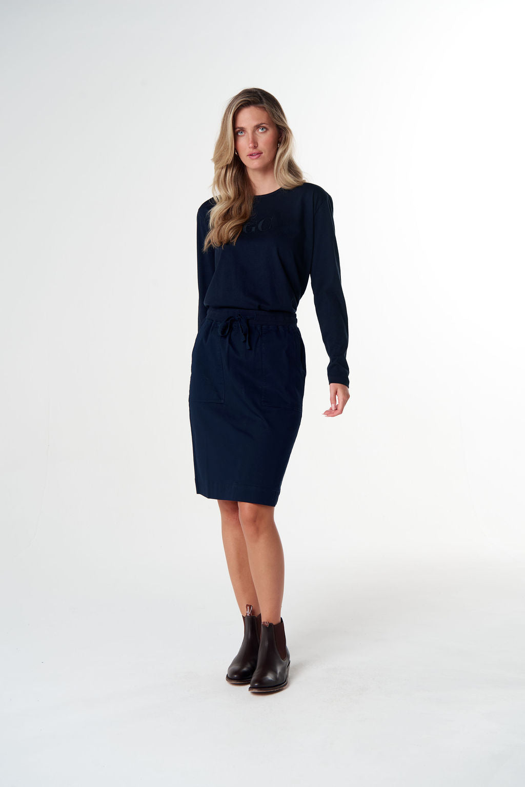 SKIRT WEEKEND COTTON STRETCH KNEE LENGTH - NAVY