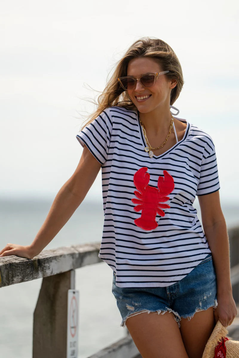 TEE V-NECK APPLIQUE LOBSTER - NAVY STRIPE/RED - last one, size XS!