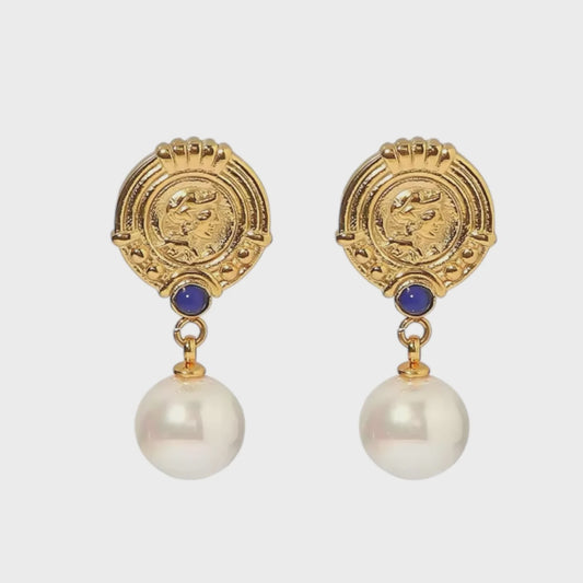 EARRINGS LAPIS PEARL COIN