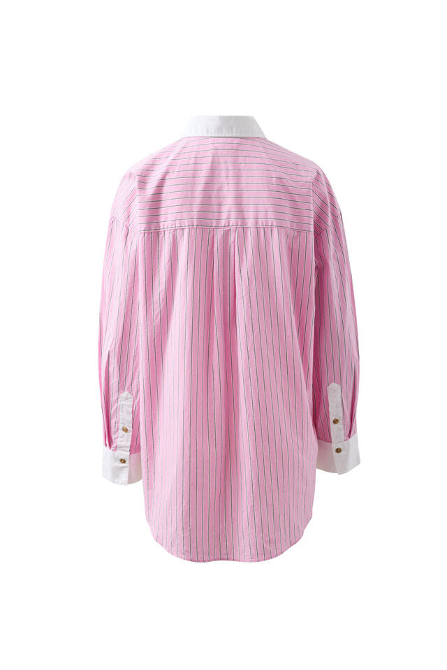 SHIRT PETA OVERSIZED - HIBISCUS PINK TRIPLE STRIPE WHITE COLLAR
