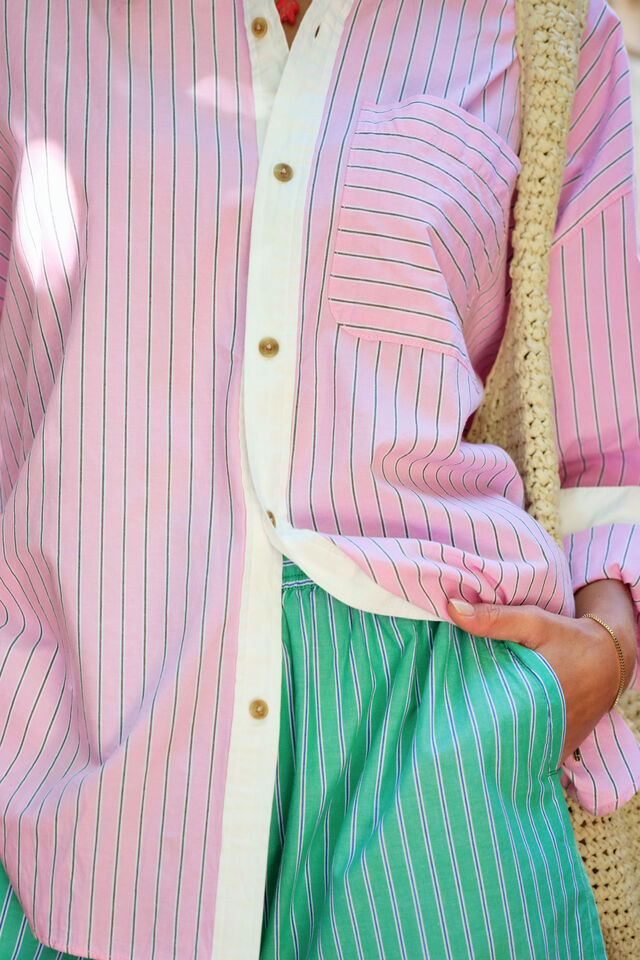SHIRT PETA OVERSIZED - HIBISCUS PINK TRIPLE STRIPE WHITE COLLAR