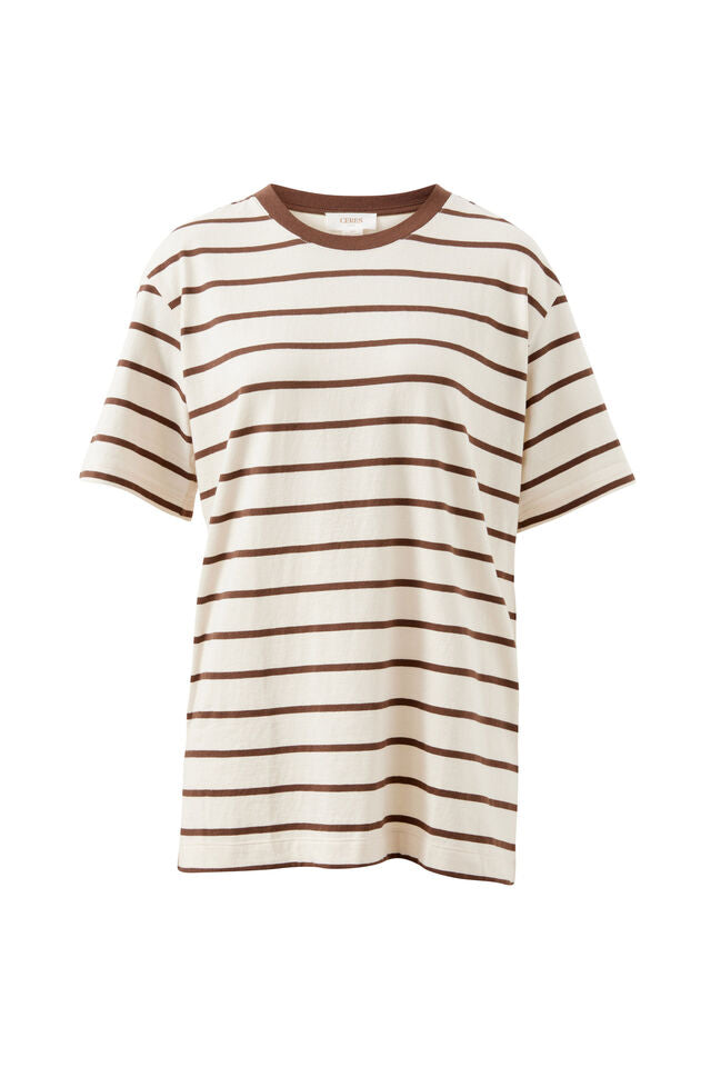 TEE LOLA LONGLINE STEP HEM - BUFF/BRUNETTE STRIPE