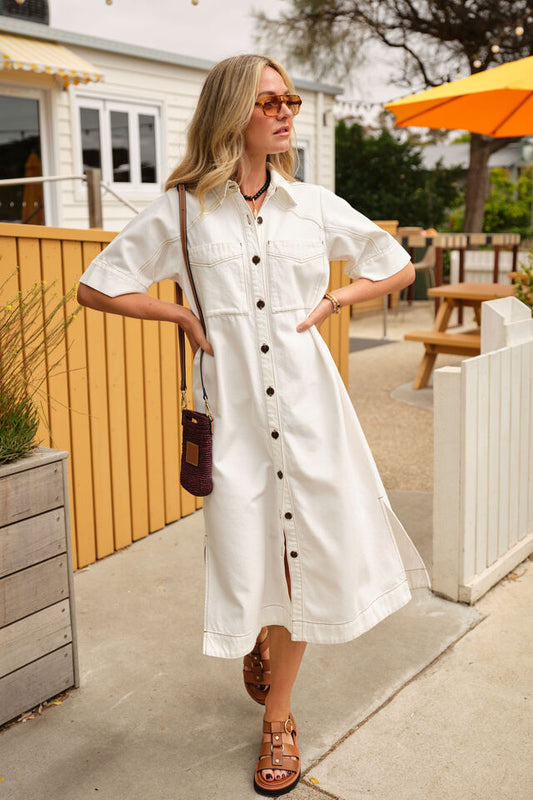 DRESS AVA SHORT SLEEVE MIDI ECRU