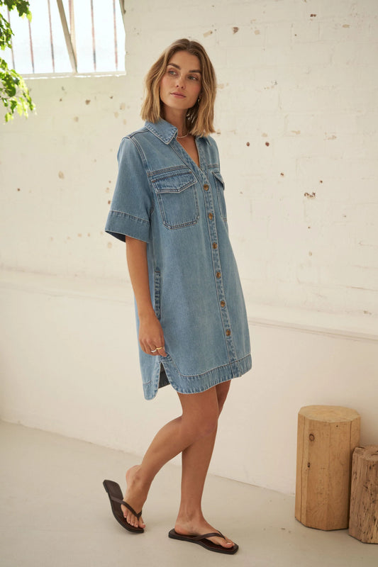 DRESS BONNIE RELAXED SHIRT DRESS - VINTAGE BLUE