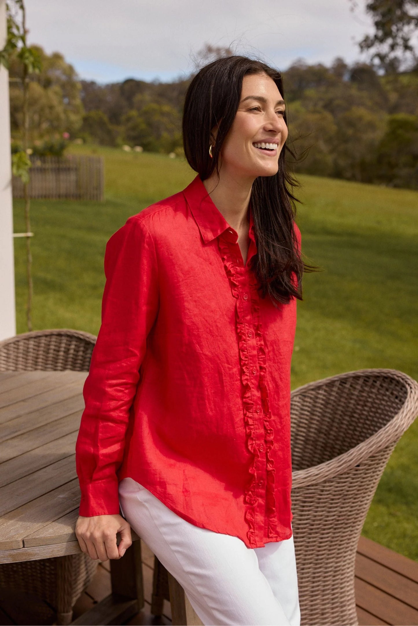 SHIRT PEARL RUFFLE LINEN - POINSETTIA