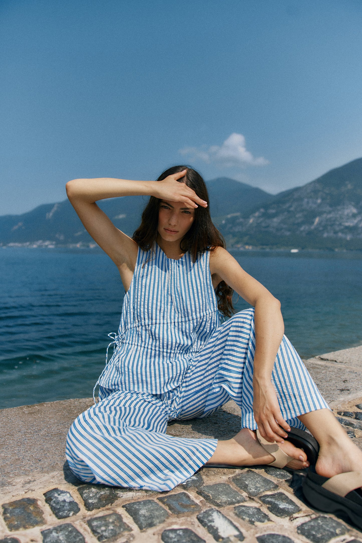 TOP AZIZA GATHERED TIE - BLUE/WHITE STRIPE