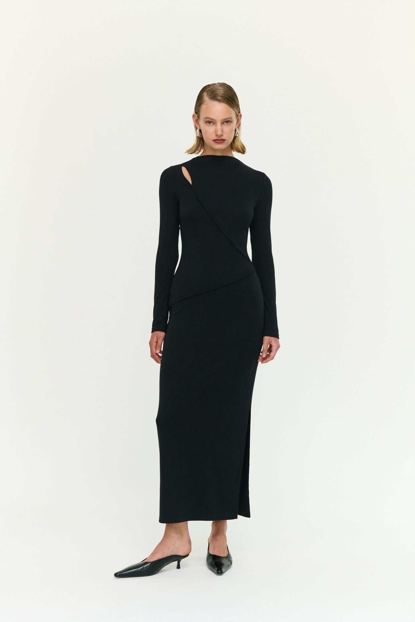 DRESS ALEXI ASYMMETRIC SEAM DETAIL MIDI - BLACK
