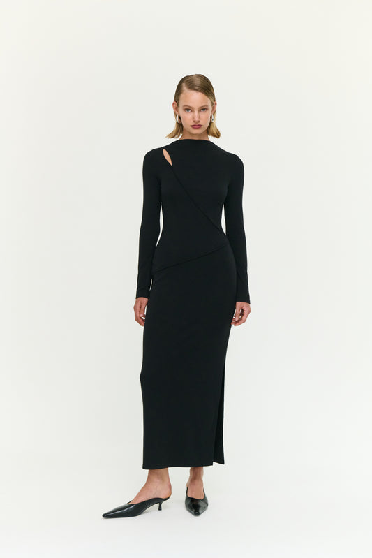 DRESS ALEXI ASYMMETRIC SEAM DETAIL MIDI - BLACK