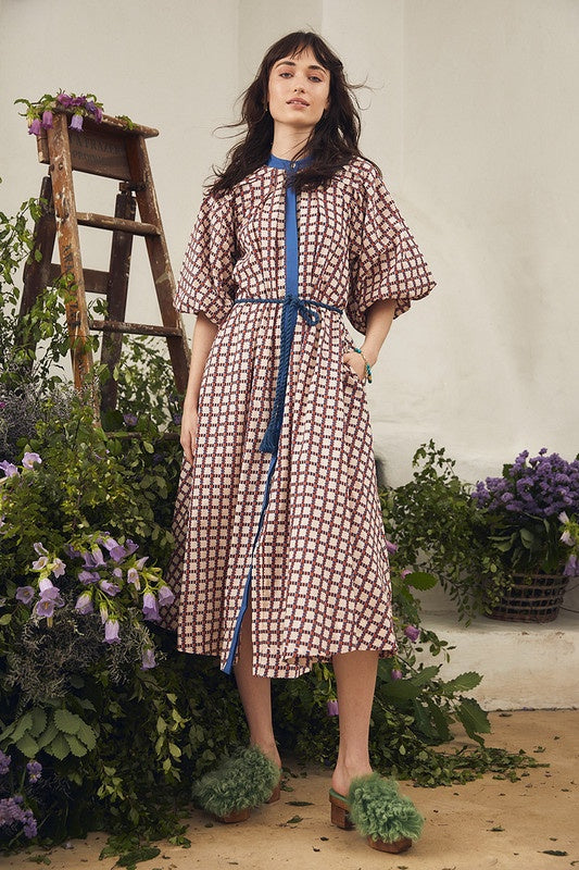 DRESS PLEATED NECK MIDI - CUBIST CHECK