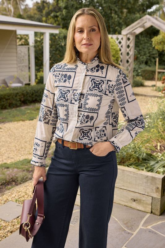 SHIRT WATTLE FRILL COTTON - WHITE/NAVY