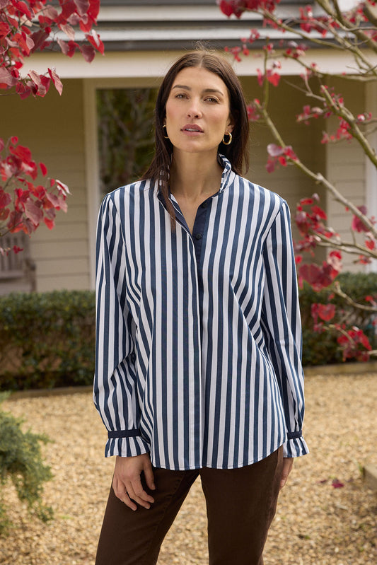 SHIRT SKY FRILL NECK COTTON - DARK NAVY/WHITE