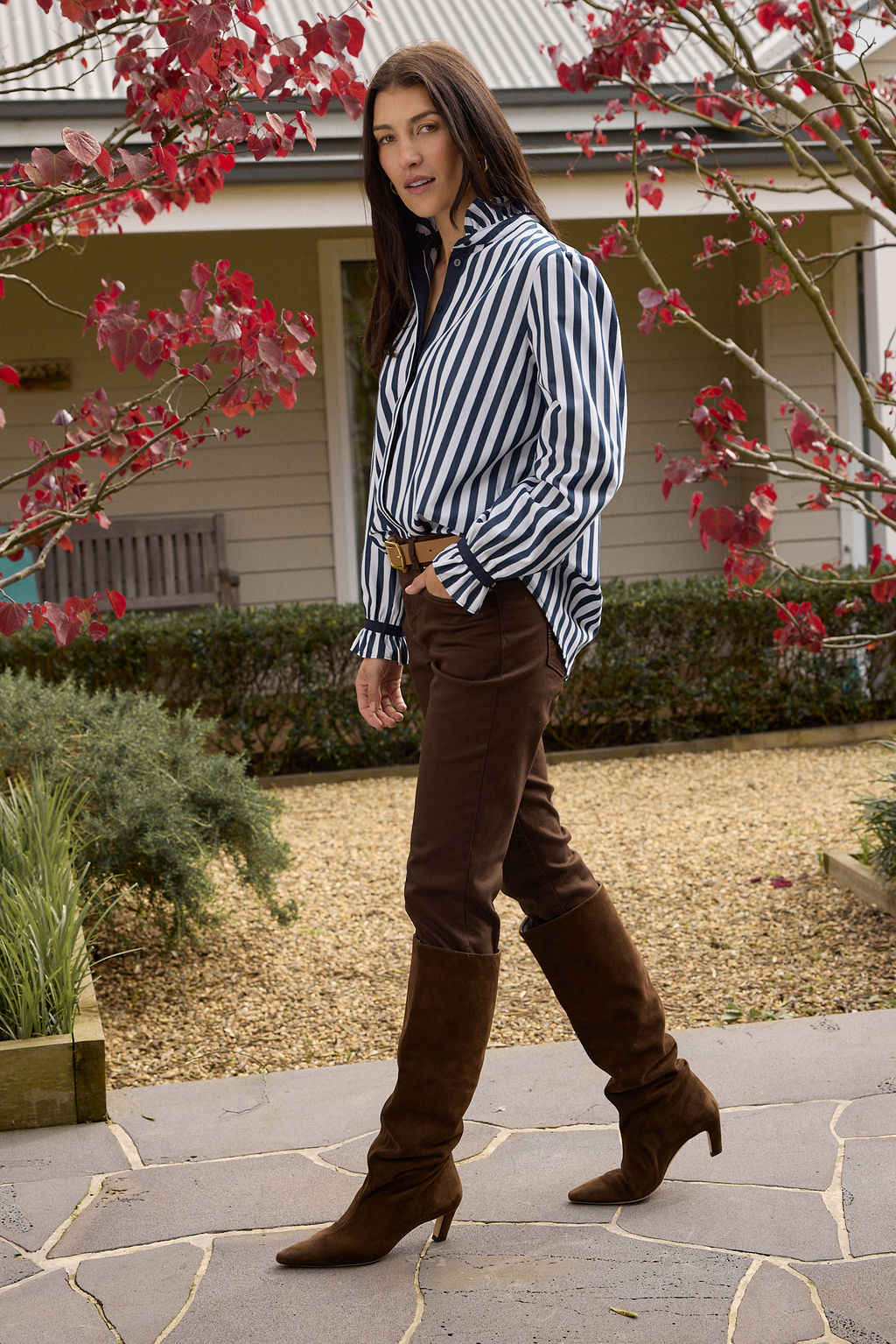 SHIRT SKY FRILL NECK COTTON - DARK NAVY/WHITE