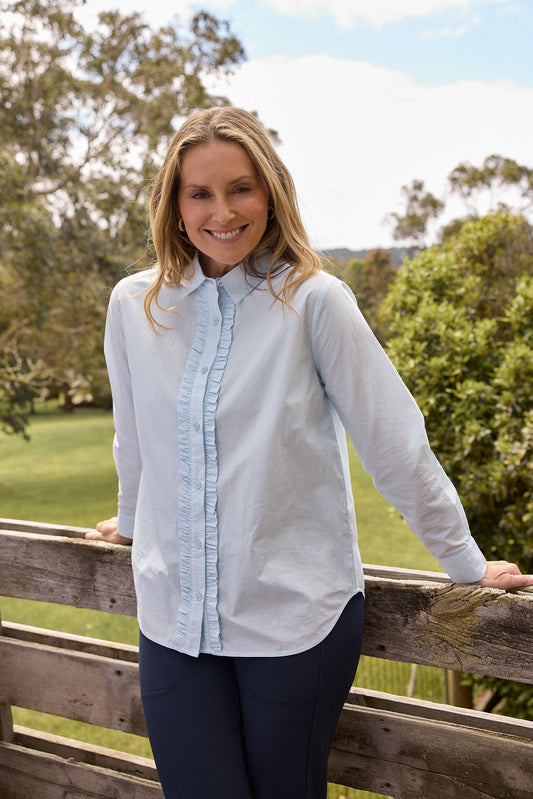 SHIRT FRONT RUFFLE - SKYRIDE BLUE