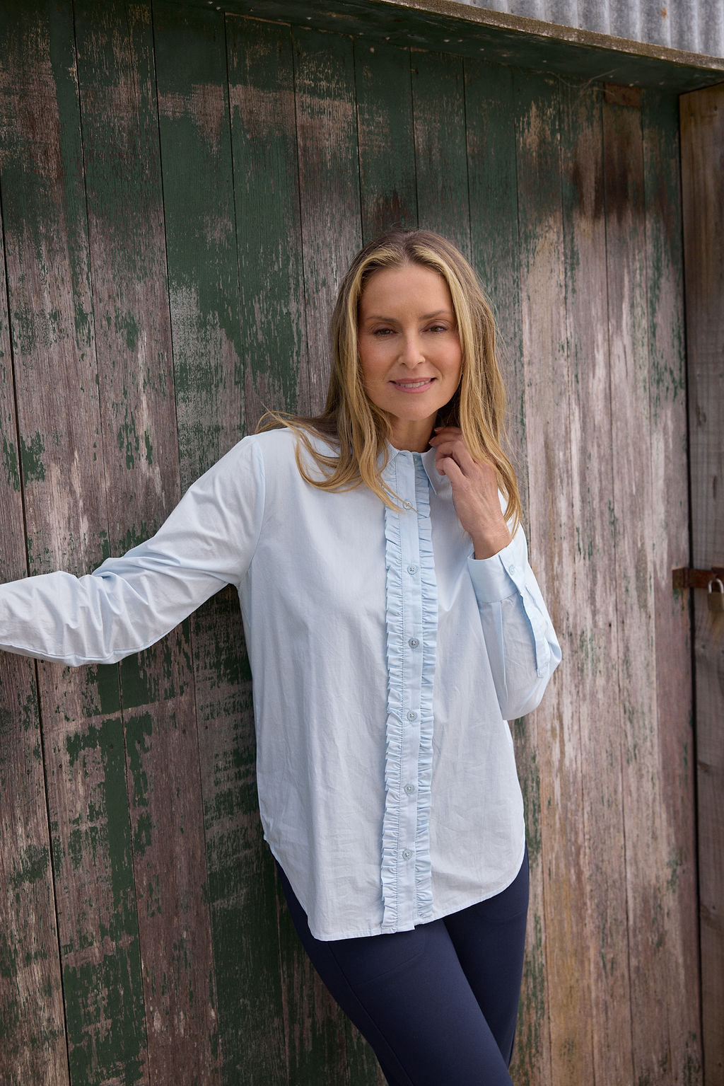 SHIRT FRONT RUFFLE - SKYRIDE BLUE