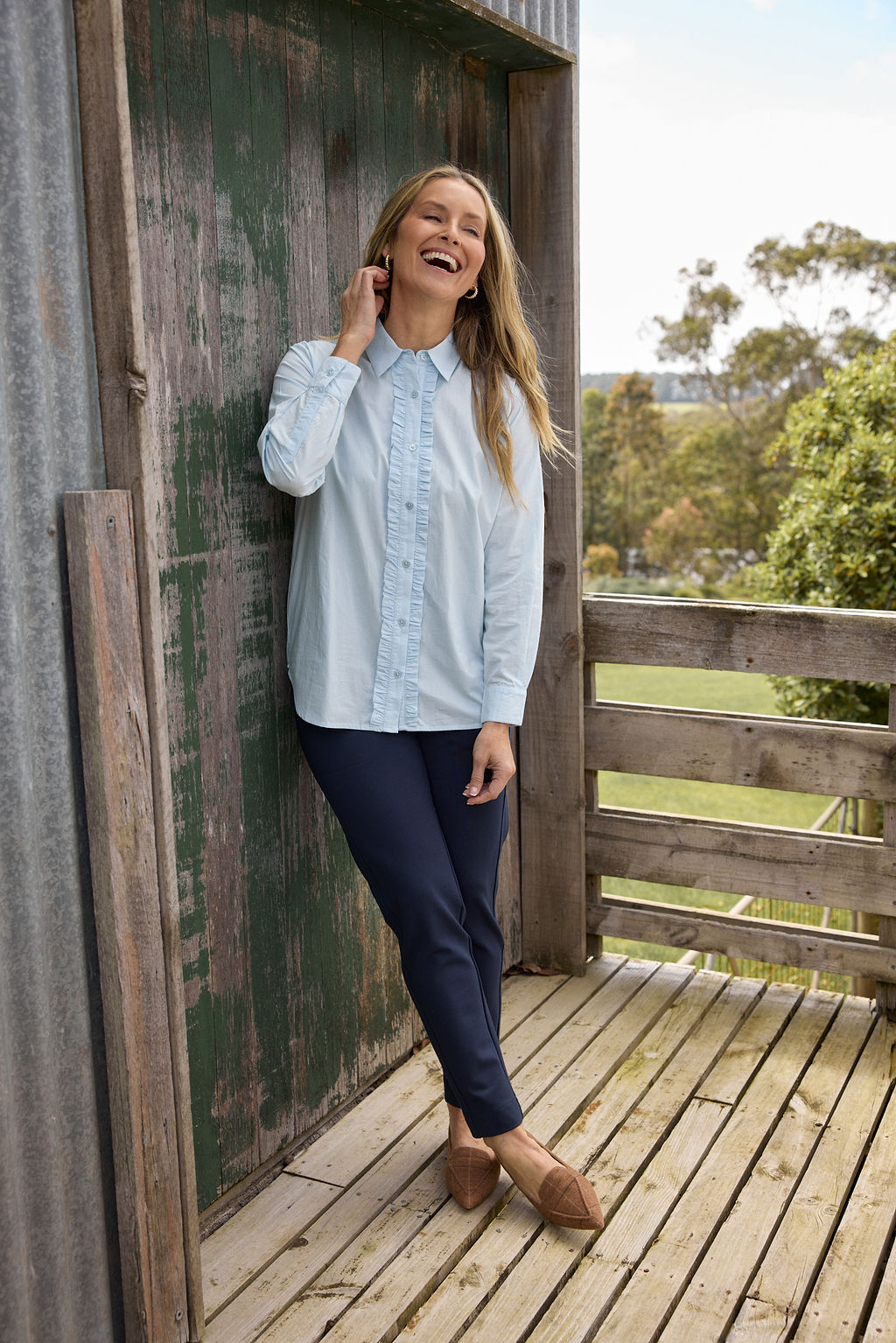 SHIRT FRONT RUFFLE - SKYRIDE BLUE