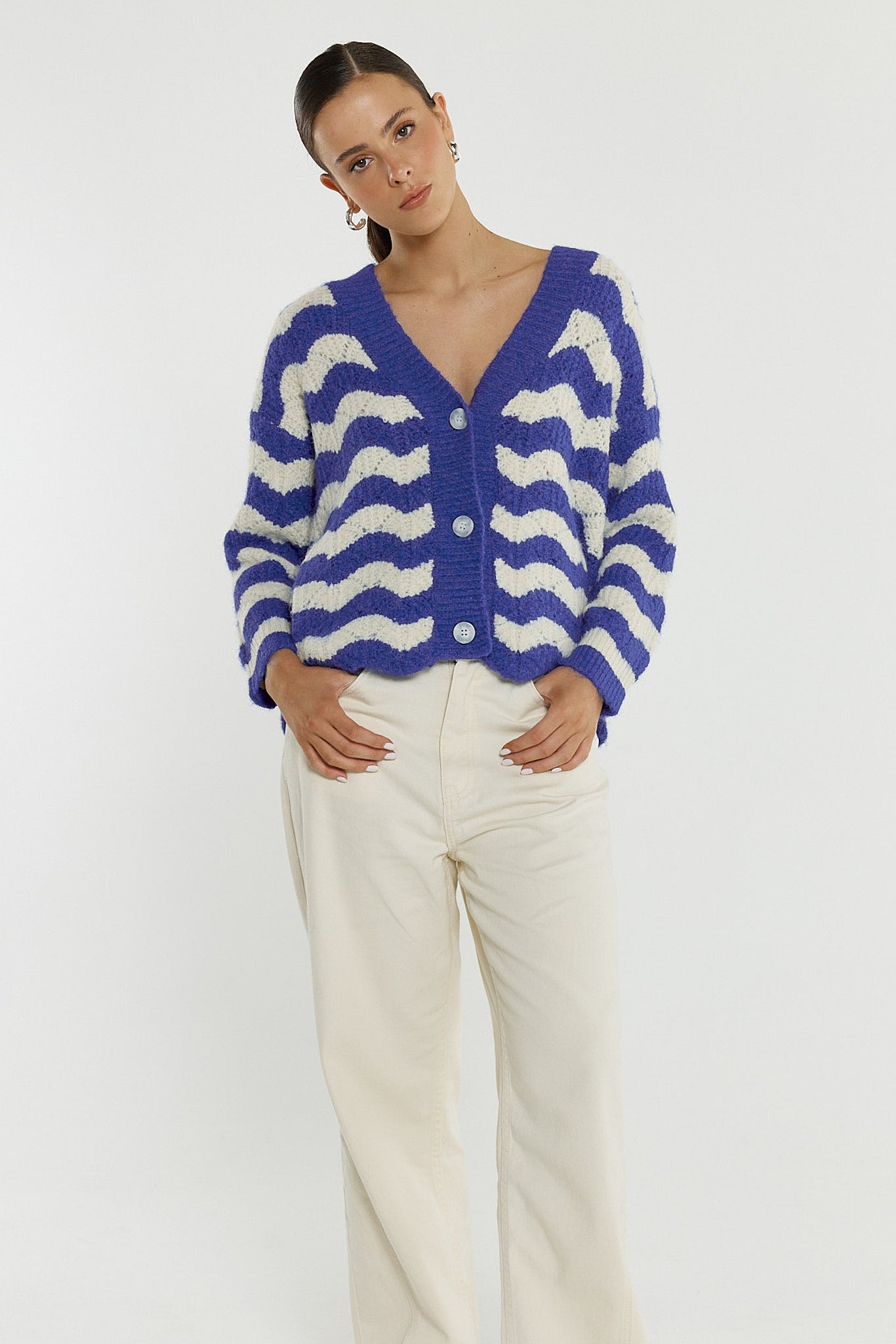 CARDIGAN ETTA WAVY STRIPE - CREAM/BLUE