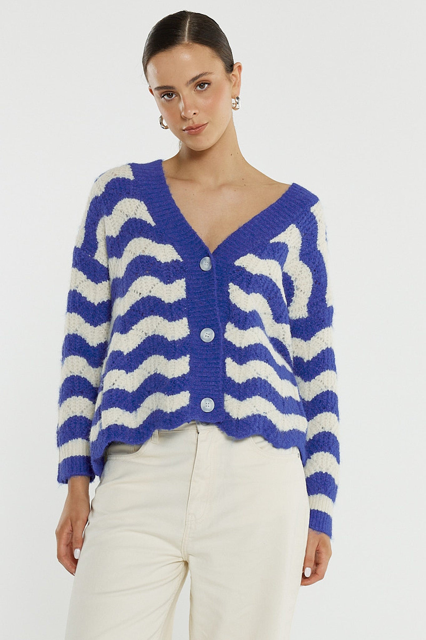 CARDIGAN ETTA WAVY STRIPE - CREAM/BLUE