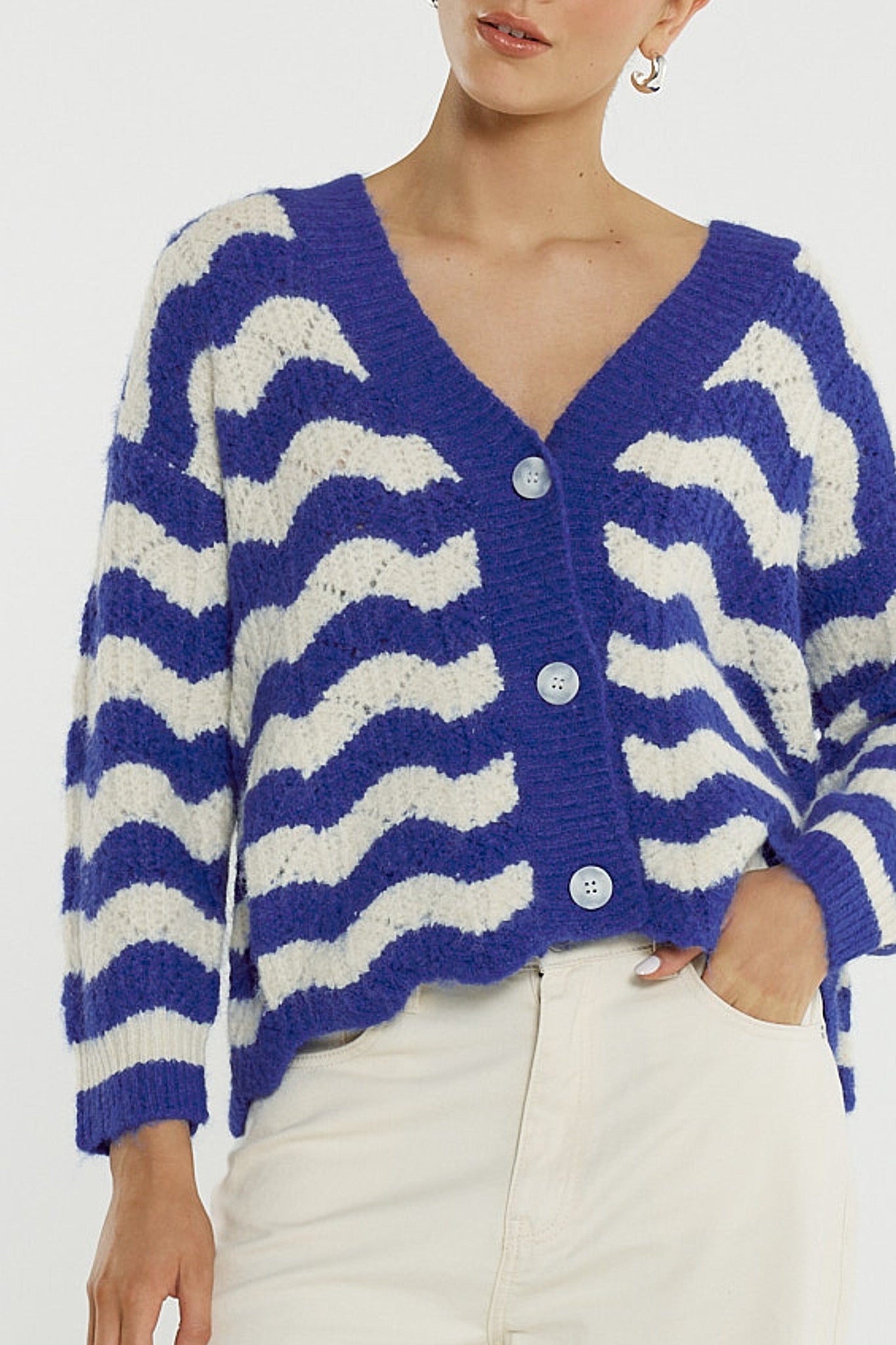 CARDIGAN ETTA WAVY STRIPE - CREAM/BLUE