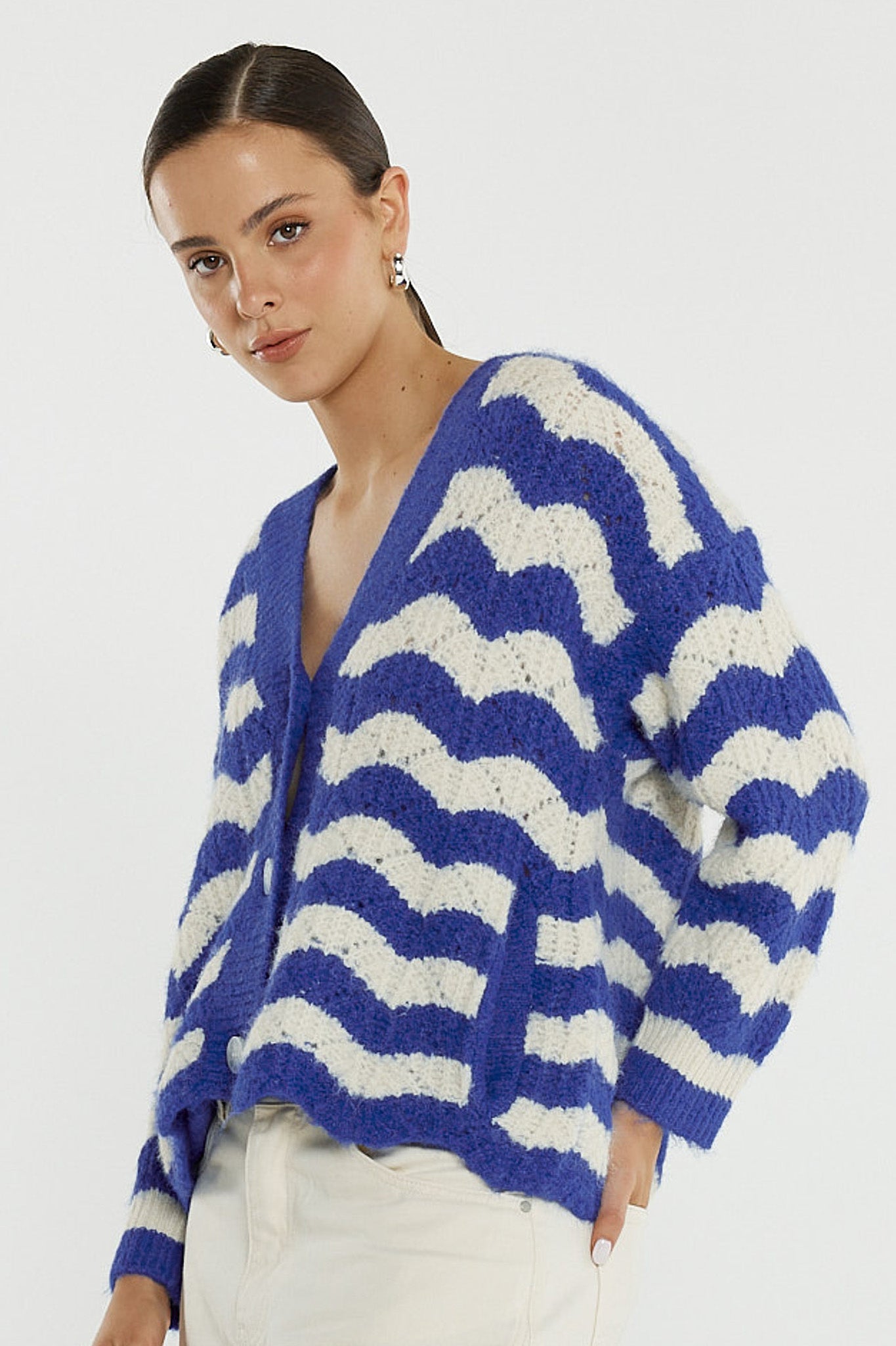 CARDIGAN ETTA WAVY STRIPE - CREAM/BLUE