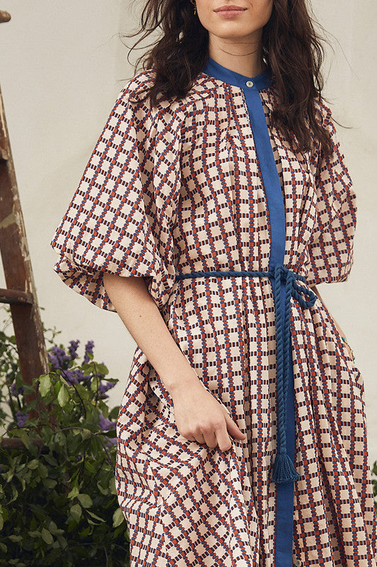DRESS PLEATED NECK MIDI - CUBIST CHECK