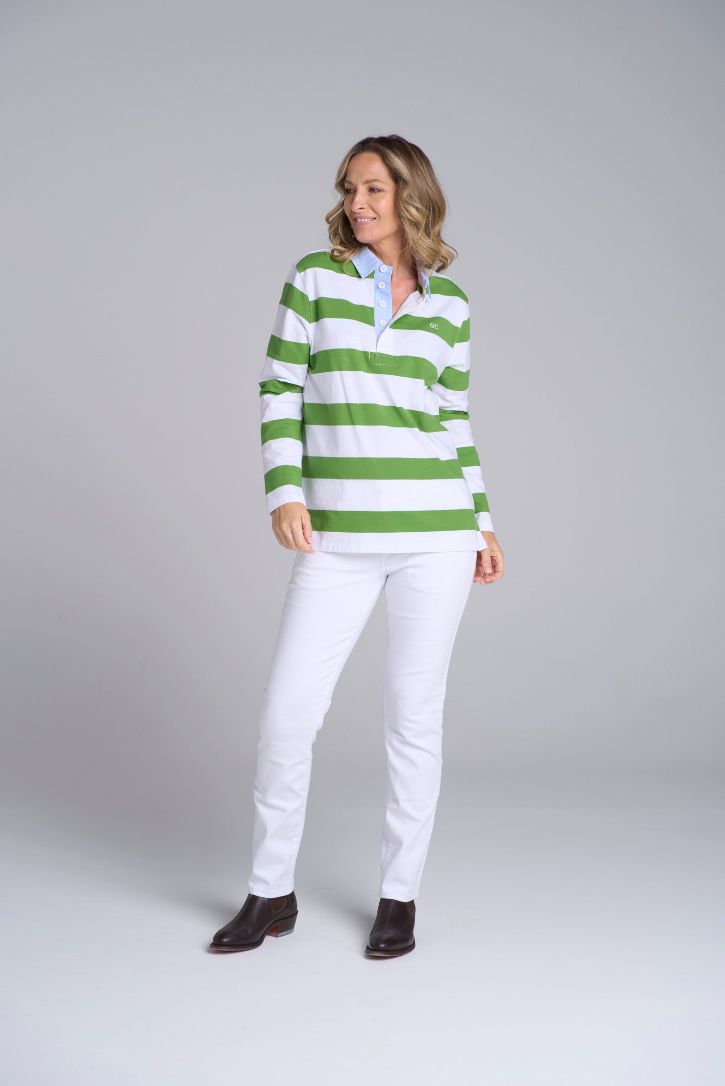 TOP RUGBY STRIPED - WHITE/LEAF GREEN