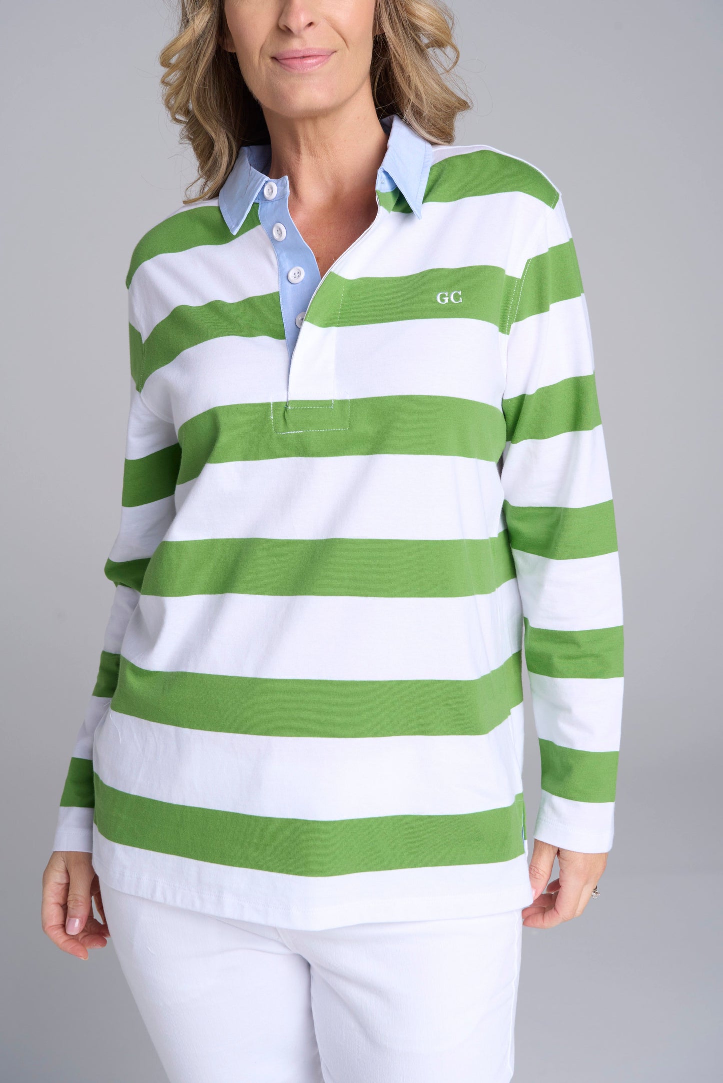 TOP RUGBY STRIPED - WHITE/LEAF GREEN