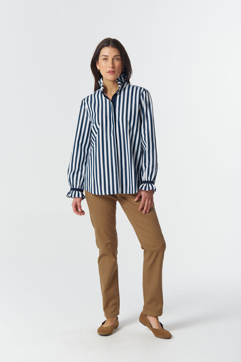 SHIRT SKY FRILL NECK COTTON - DARK NAVY/WHITE
