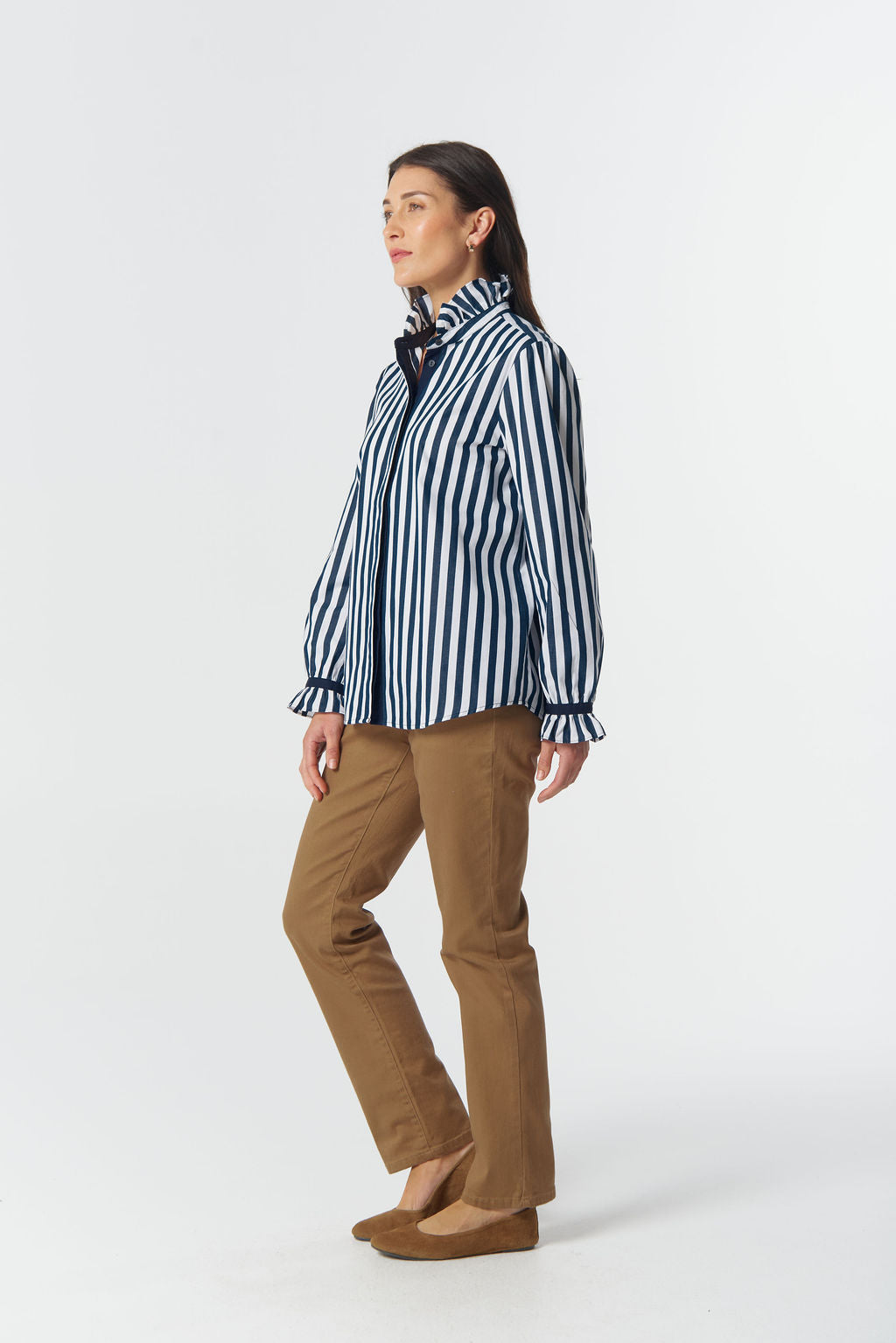 SHIRT SKY FRILL NECK COTTON - DARK NAVY/WHITE