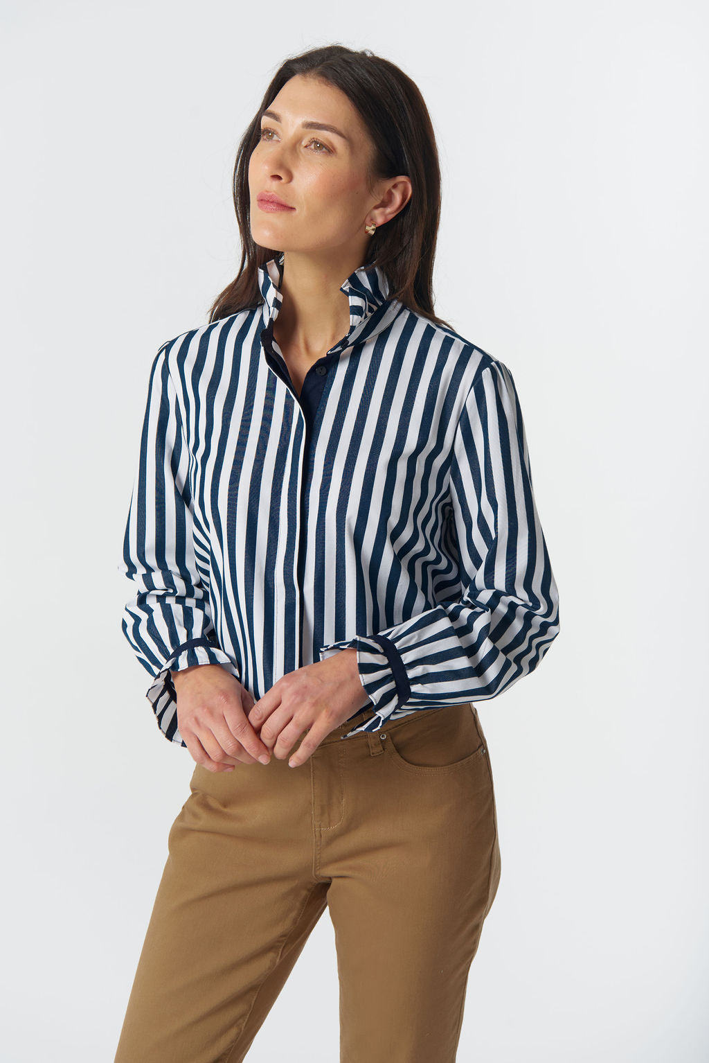 SHIRT SKY FRILL NECK COTTON - DARK NAVY/WHITE