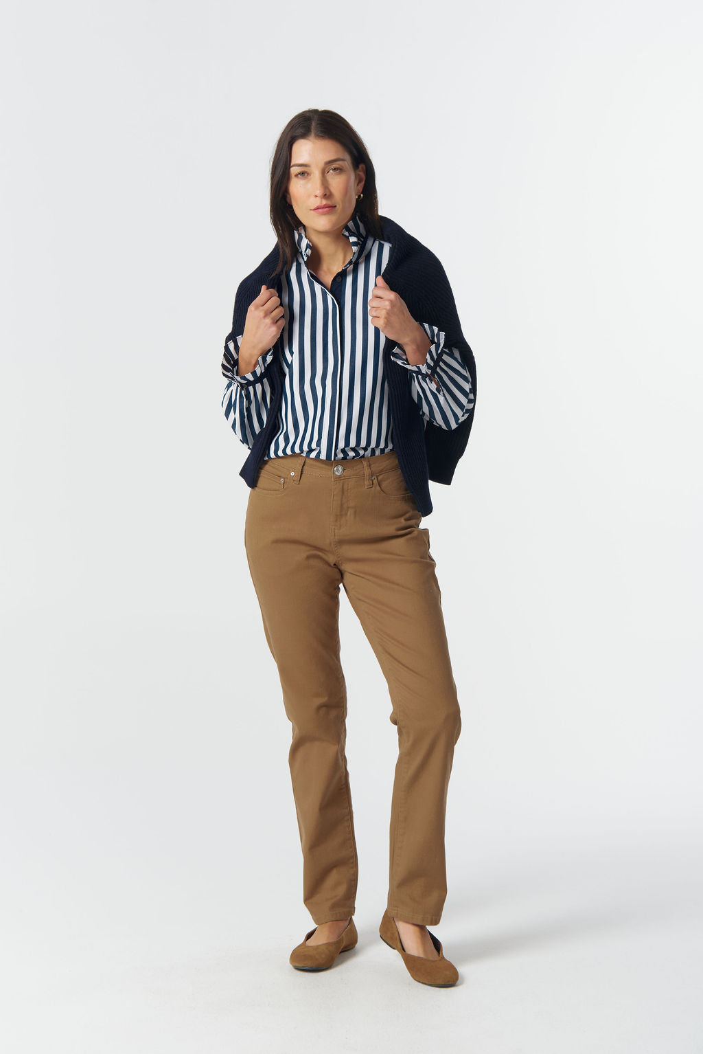 SHIRT SKY FRILL NECK COTTON - DARK NAVY/WHITE