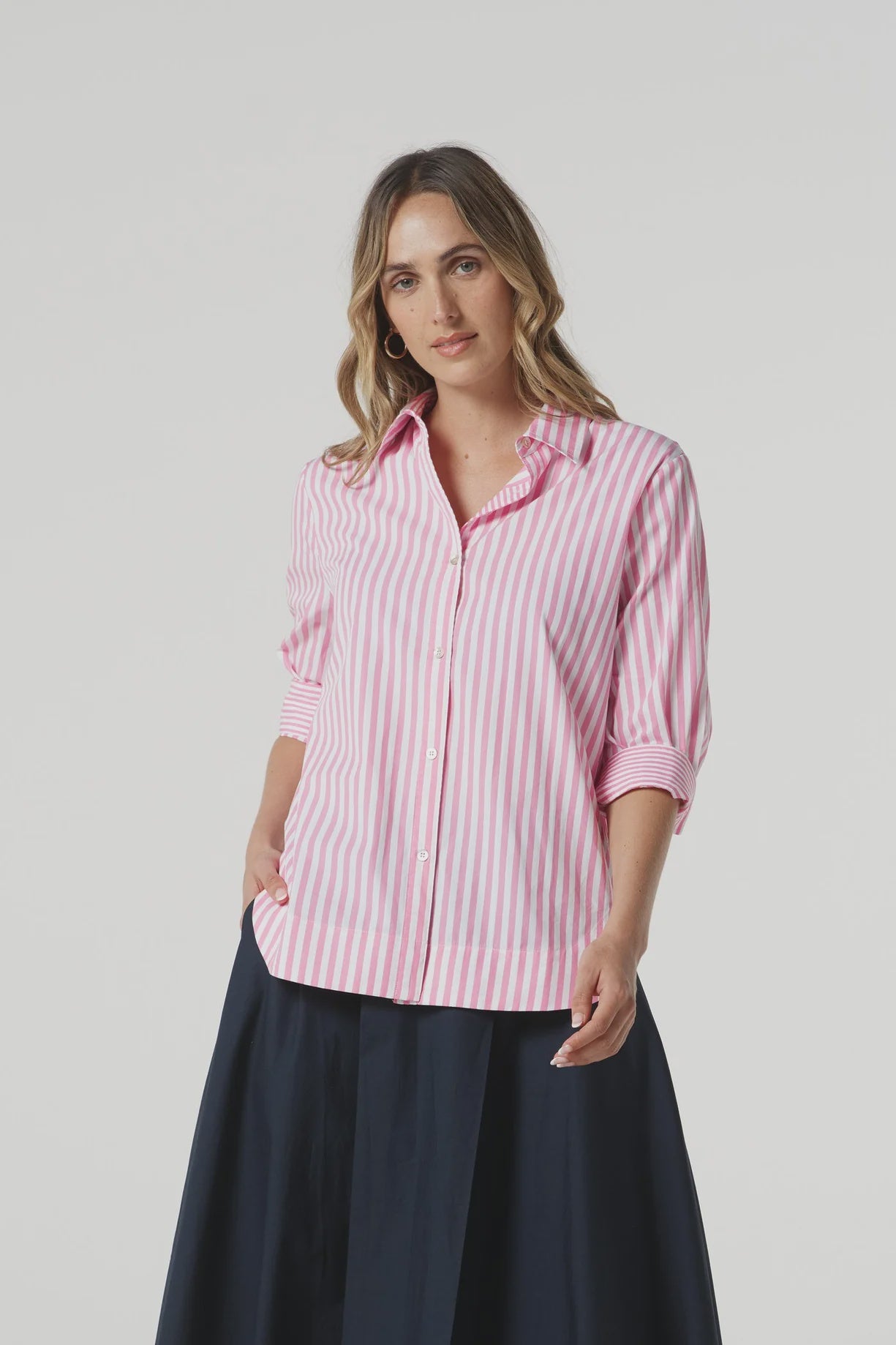 SHIRT CLASSIC COTTON 3/4 SLEEVE - PINK COSMOS STRIPE
