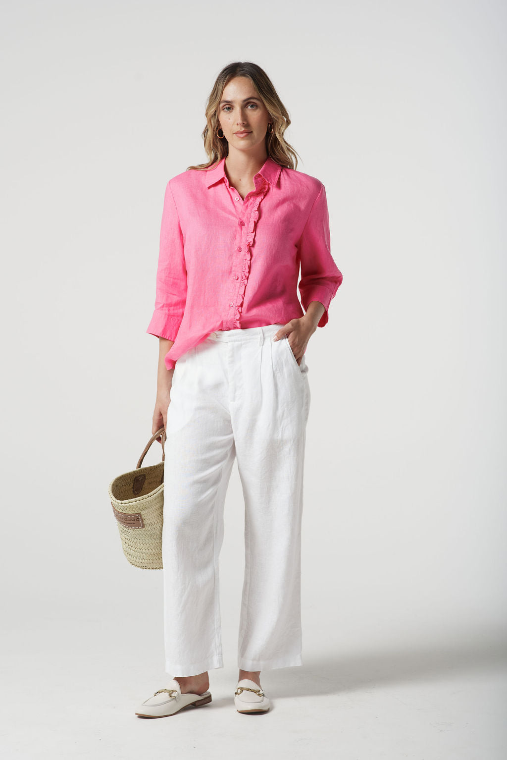 SHIRT ISLAND LINEN FRILL 3/4 SLEEVE