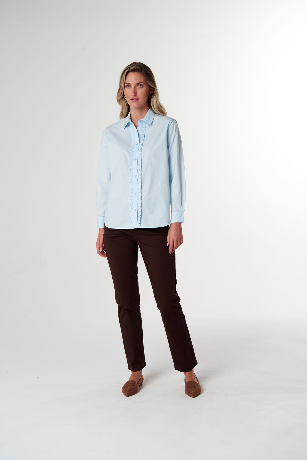 SHIRT FRONT RUFFLE - SKYRIDE BLUE