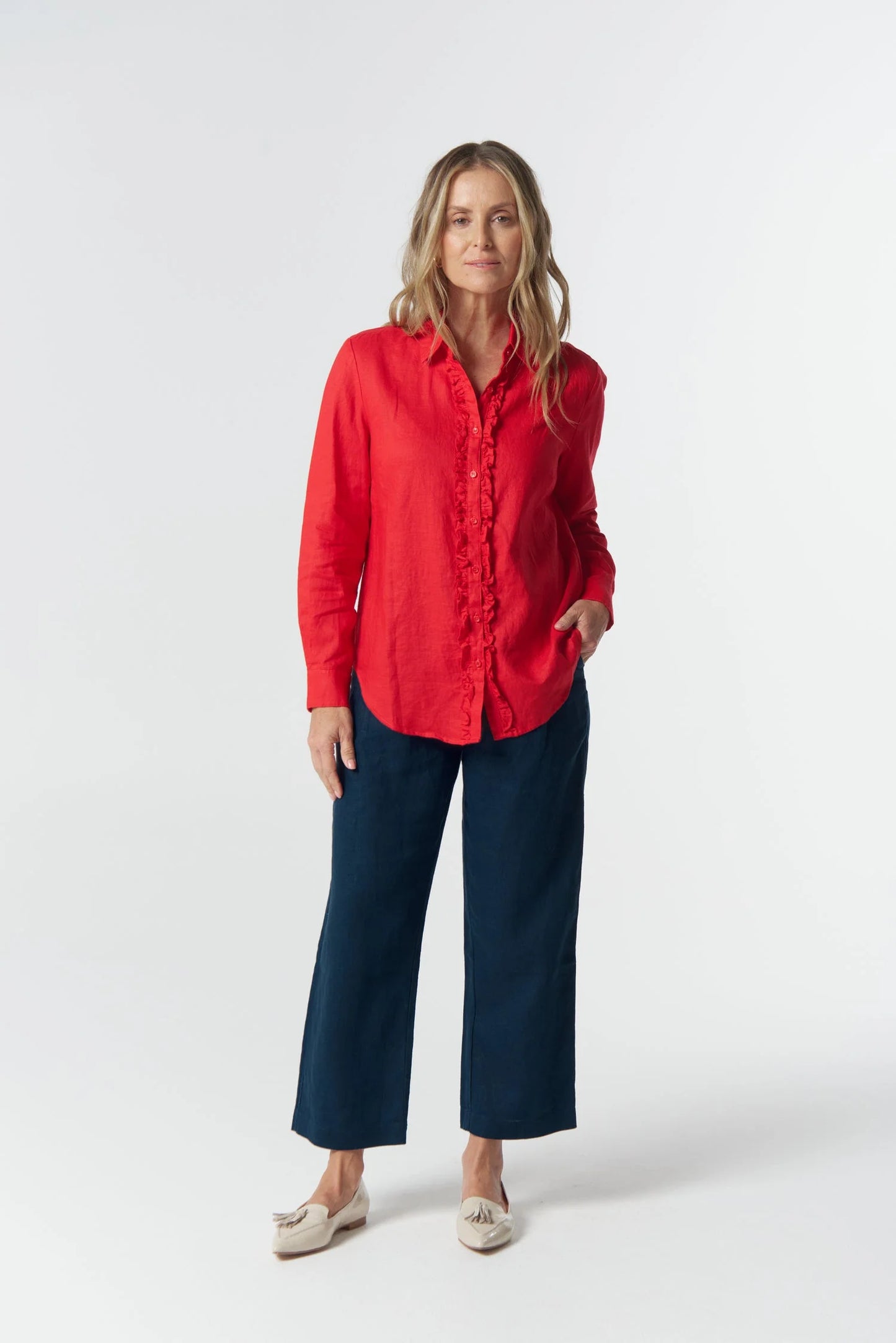 SHIRT PEARL RUFFLE LINEN - POINSETTIA