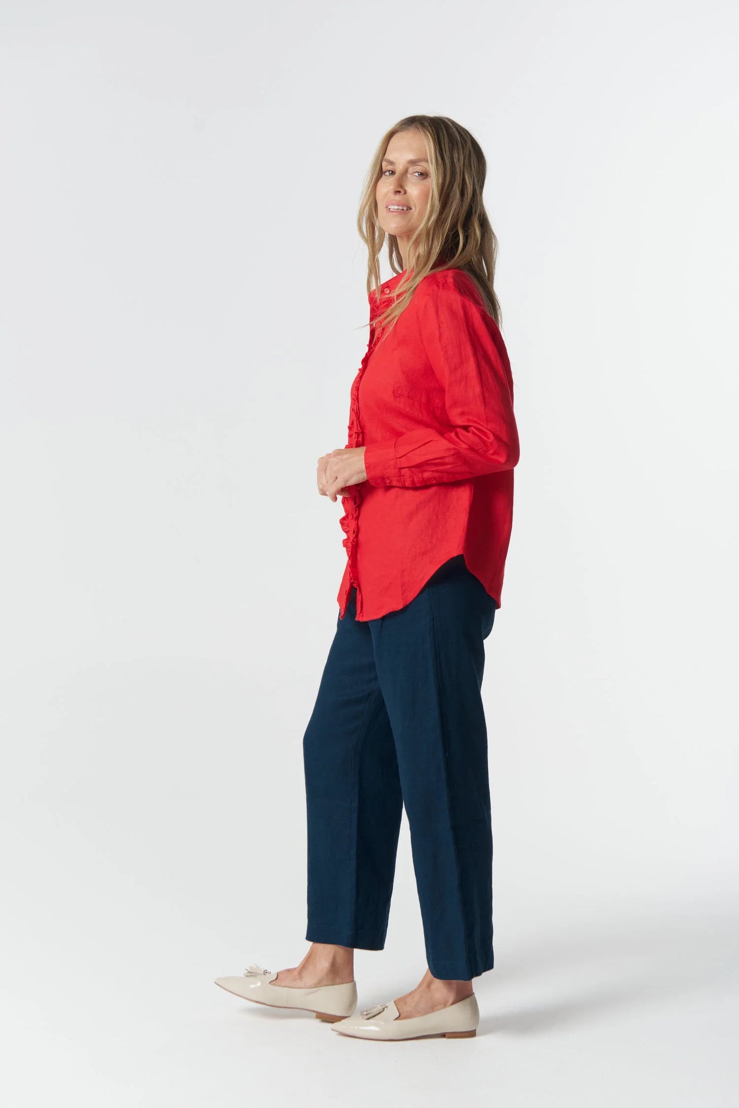 SHIRT PEARL RUFFLE LINEN - POINSETTIA