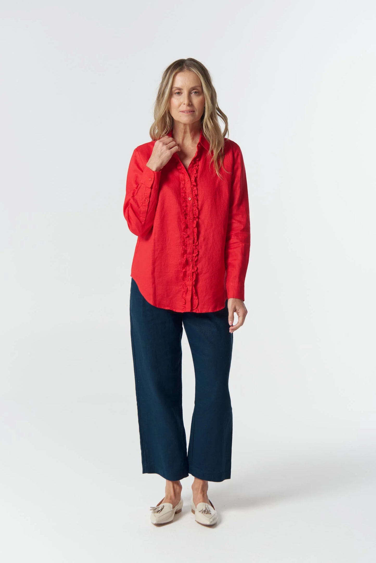 SHIRT PEARL RUFFLE LINEN - POINSETTIA