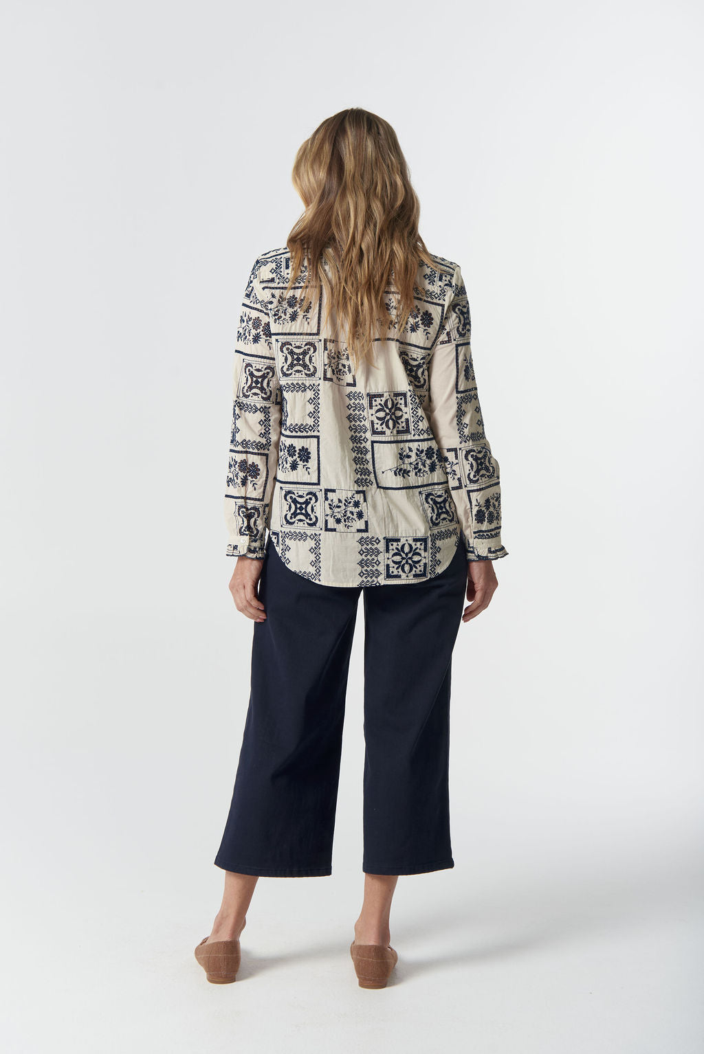SHIRT WATTLE FRILL COTTON - WHITE/NAVY