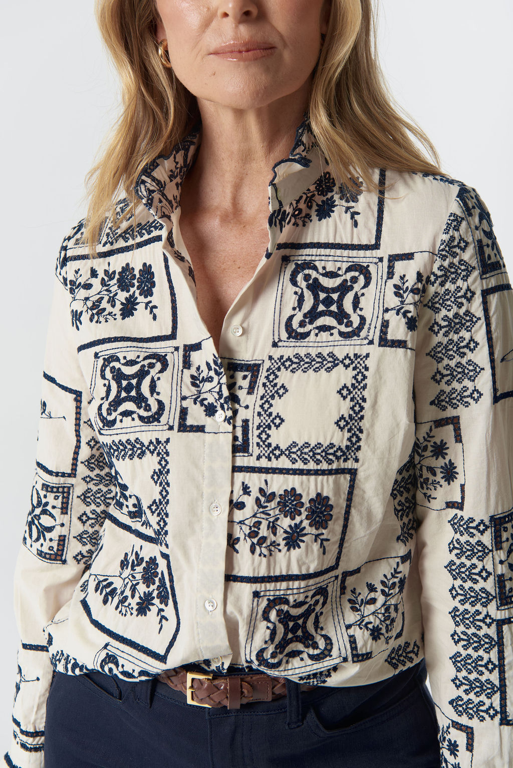 SHIRT WATTLE FRILL COTTON - WHITE/NAVY