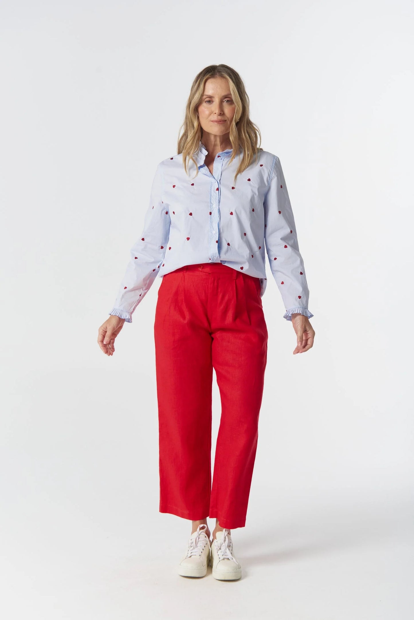 BLOUSE OUT WEST COTTON - BLUE/RED HEARTS