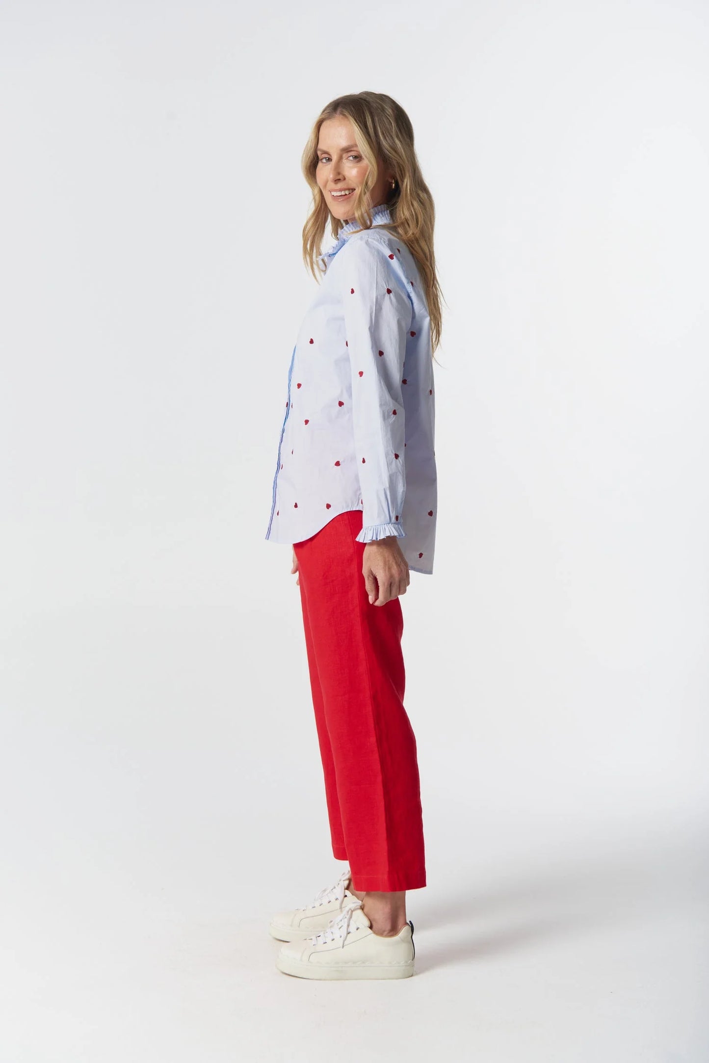 BLOUSE OUT WEST COTTON - BLUE/RED HEARTS
