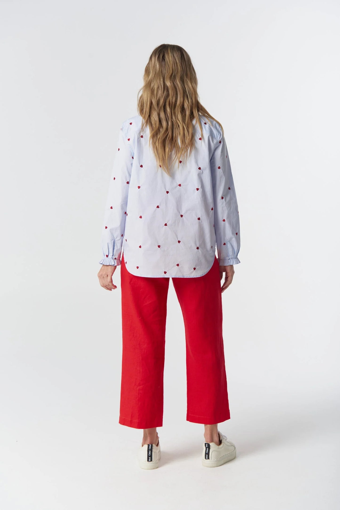 BLOUSE OUT WEST COTTON - BLUE/RED HEARTS