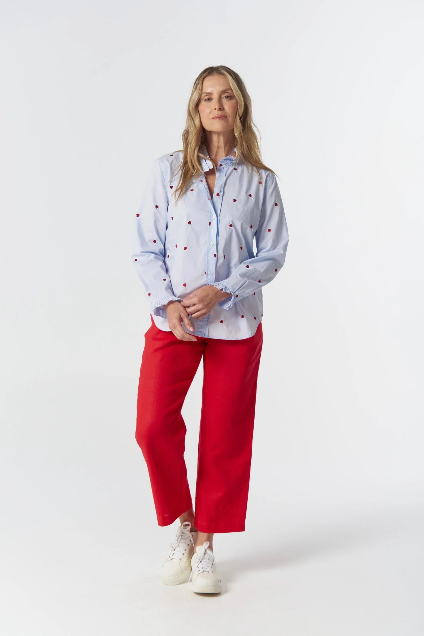 BLOUSE OUT WEST COTTON - BLUE/RED HEARTS