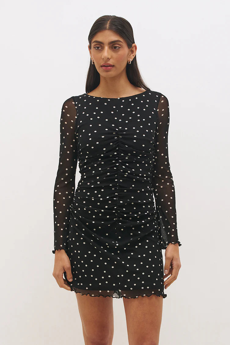 DRESS VESPER SPOT LONG SLEEVE MINI - BLACK POLKA DOT