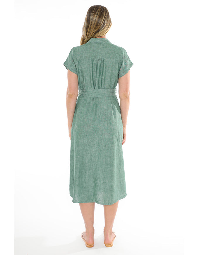 DRESS SHORT SLEEVED BELTED LINEN