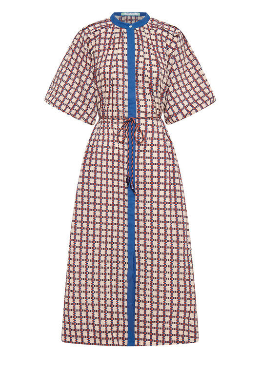 DRESS PLEATED NECK MIDI - CUBIST CHECK