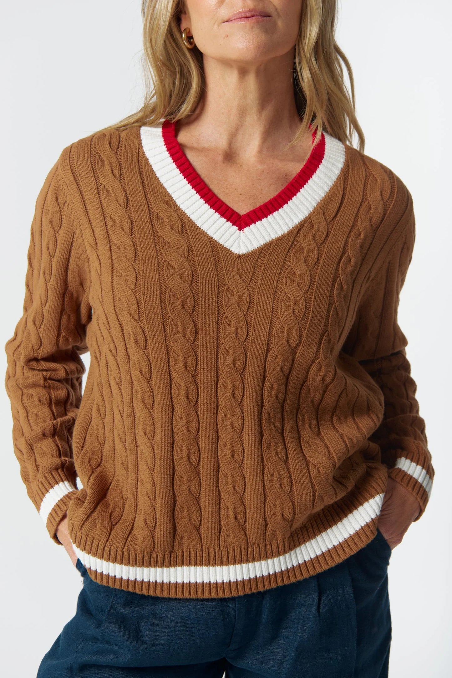 JUMPER HARVEST V NECK COTTON JUMPER - FOX/WHITE/POINSETTIA