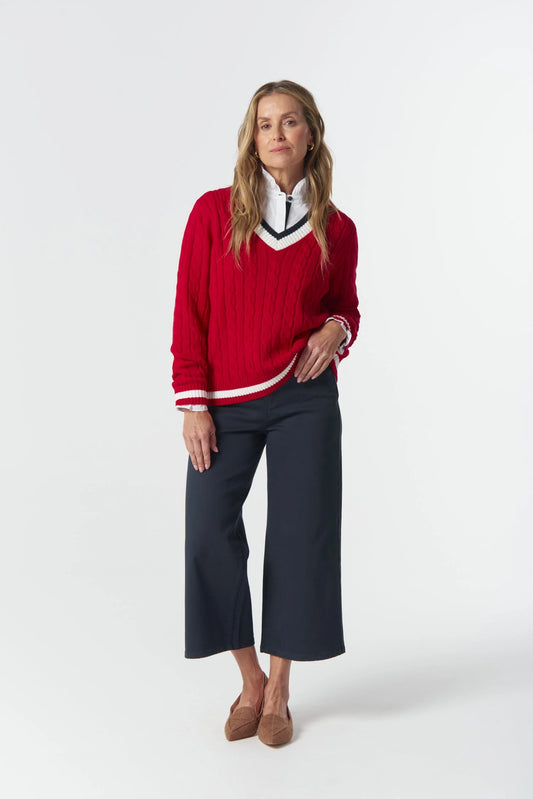 JUMPER HARVEST V NECK COTTON JUMPER - POINSETTIA/WHITE/NAVY